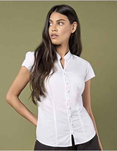 KUS-KK727-Tailored Fit Mandarin Collar Poplin Blouse Cap Sleeve